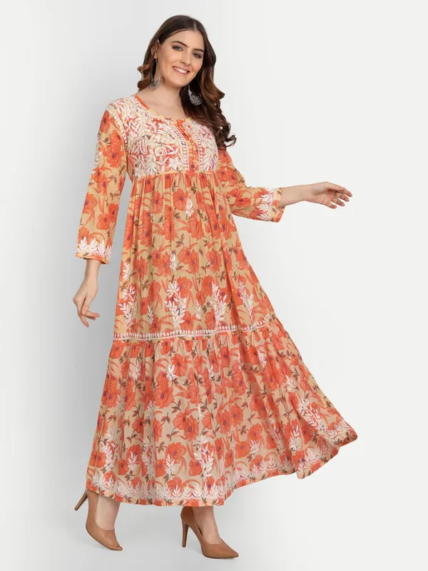 Apricot_Orange_Lucknow_Chikankari_Hand_Embroidered_Tiered_Long_Kurta_Gown_Mulmul_Cotton_Apricot