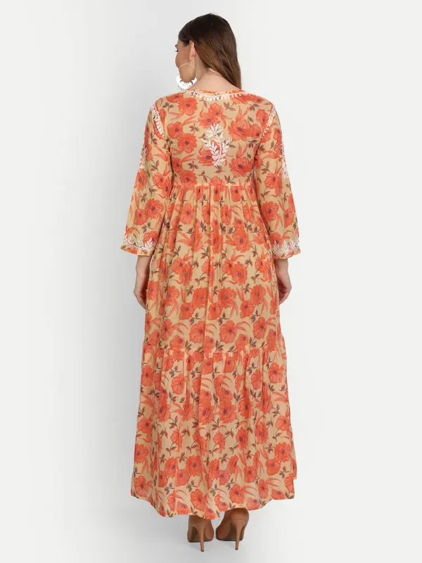 Apricot_Orange_Lucknow_Chikankari_Hand_Embroidered_Tiered_Long_Kurta_Gown_Mulmul_Cotton_Apricot