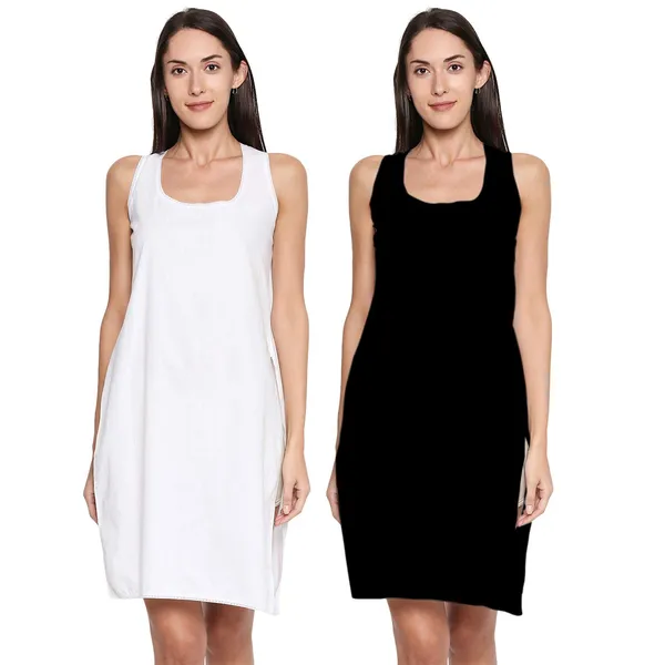 Black&White_Cotton_Rich_Soft_Camisole_Long_Knee_Length_Inner_Kurti/Suit_Slip/Under_Shirt_With_High_Side_Slits