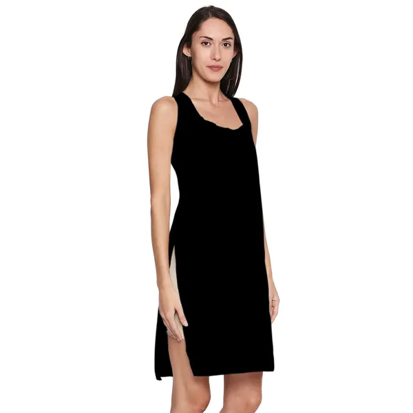 Black&Skin_Cotton_Rich_Soft_Camisole_Long_Knee_Length_Inner_Kurti/Suit_Slip/Under_Shirt_With_High_Side_Slits