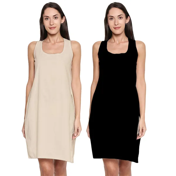 Black&Skin_Cotton_Rich_Soft_Camisole_Long_Knee_Length_Inner_Kurti/Suit_Slip/Under_Shirt_With_High_Side_Slits