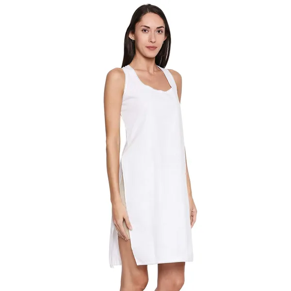 Pristine_White_Cotton_Rich_Soft_Camisole_Long_Knee_Length_Inner_Kurti/Suit_Slip/Under_Shirt_With_High_Side_Slits