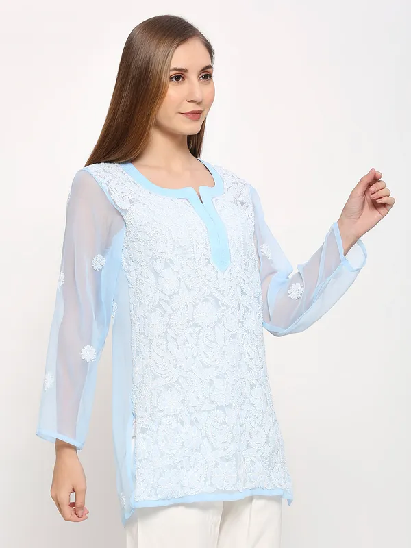 Ice_Blue_Lucknow_Chikankari_Hand_Embroidered_Tops/Blouse_Short_Kurti_Georgette