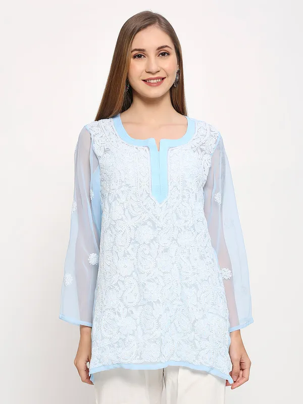 Ice_Blue_Lucknow_Chikankari_Hand_Embroidered_Tops/Blouse_Short_Kurti_Georgette