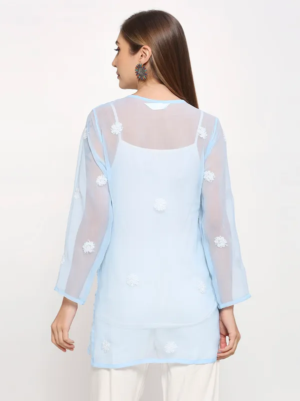 Ice_Blue_Lucknow_Chikankari_Hand_Embroidered_Tops/Blouse_Short_Kurti_Georgette