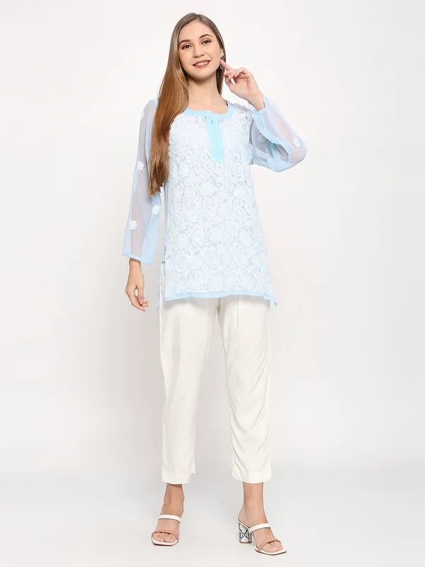 Ice_Blue_Lucknow_Chikankari_Hand_Embroidered_Tops/Blouse_Short_Kurti_Georgette