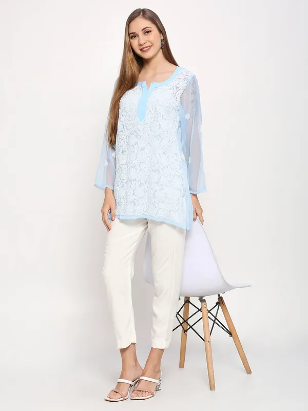 Ice_Blue_Lucknow_Chikankari_Hand_Embroidered_Tops/Blouse_Short_Kurti_Georgette