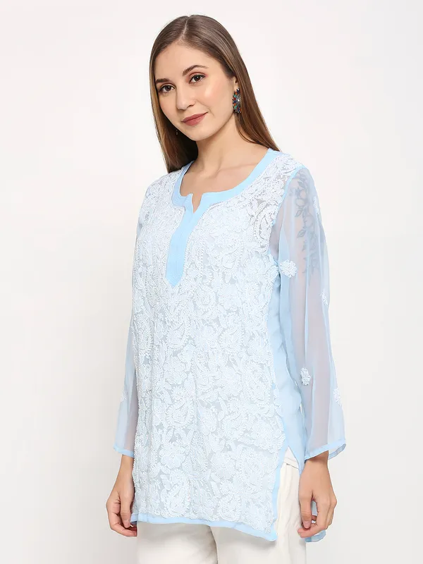 Ice_Blue_Lucknow_Chikankari_Hand_Embroidered_Tops/Blouse_Short_Kurti_Georgette