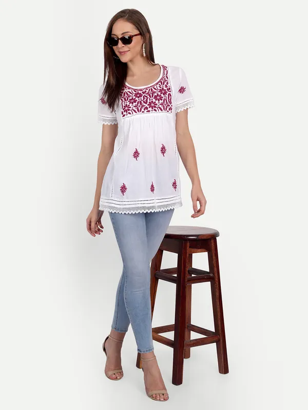 Maroon_Lucknow_Chikankari_Hand_Embroidered_Top_Blouse_Short_Kurtis