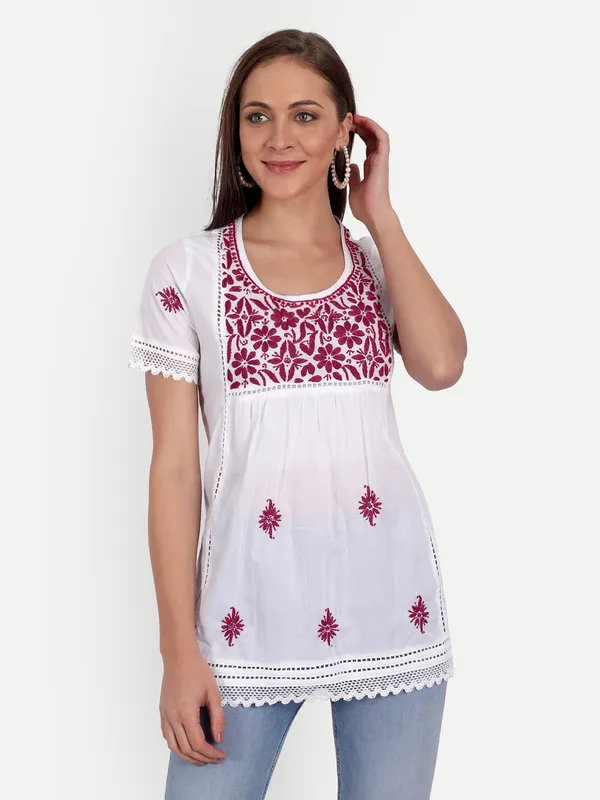 Maroon_Lucknow_Chikankari_Hand_Embroidered_Top_Blouse_Short_Kurtis