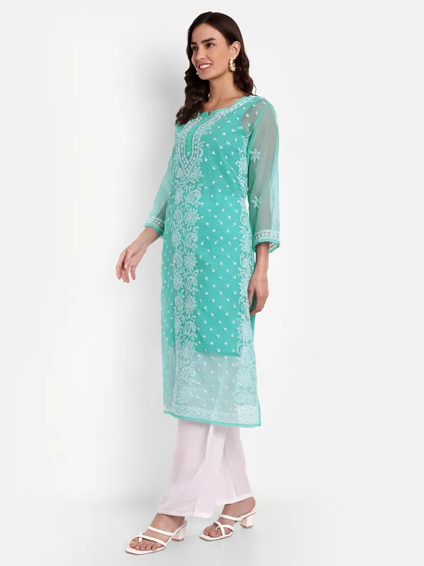 Sky_Blue_Lucknow_Chikankari_Hand_Embroidered_Kurta_With_Matching_Slip_Georgette