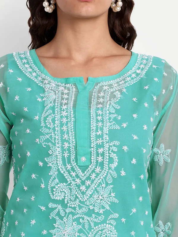Sky_Blue_Lucknow_Chikankari_Hand_Embroidered_Kurta_With_Matching_Slip_Georgette