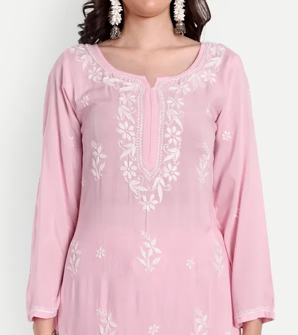 Pretty_pink_Lucknowi_Chikankari_Hand_Embroidered_Long_Kurti_Palazzo_Set_Cotton