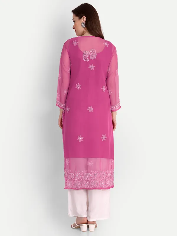 Fuchsia_Pink_Lucknow_Chikankari_Hand_Embroidered_Kurta_With_Matching_Slip_Georgette