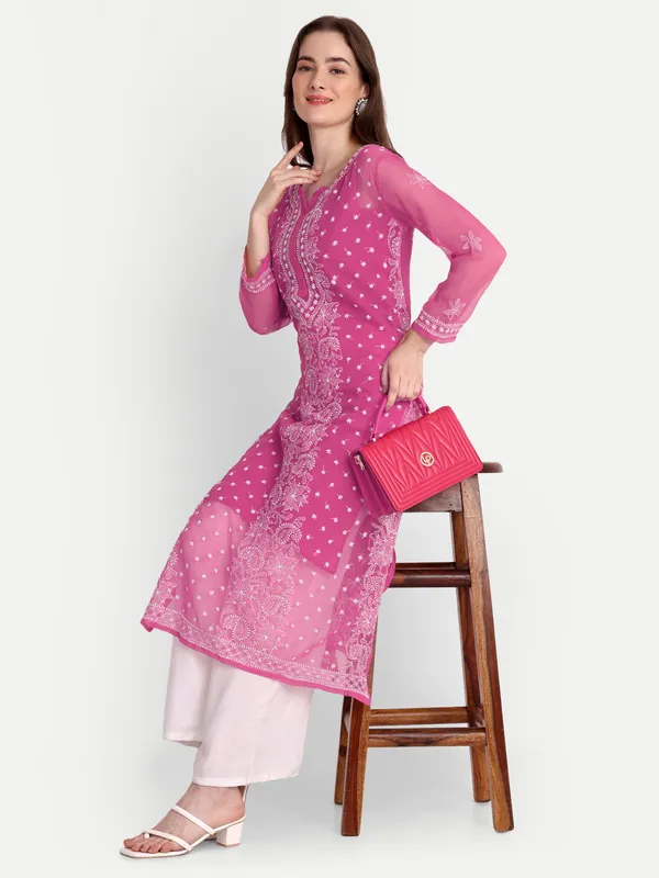 Fuchsia_Pink_Lucknow_Chikankari_Hand_Embroidered_Kurta_With_Matching_Slip_Georgette