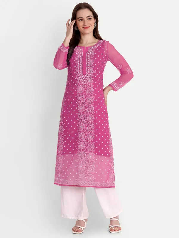 Fuchsia_Pink_Lucknow_Chikankari_Hand_Embroidered_Kurta_With_Matching_Slip_Georgette