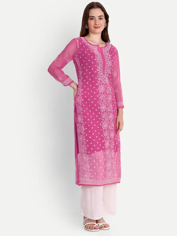 Fuchsia_Pink_Lucknow_Chikankari_Hand_Embroidered_Kurta_With_Matching_Slip_Georgette