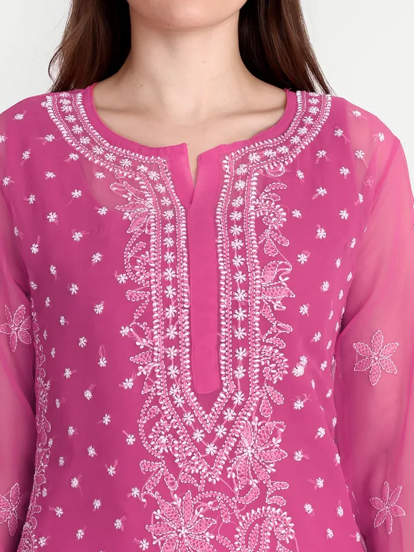 Fuchsia_Pink_Lucknow_Chikankari_Hand_Embroidered_Kurta_With_Matching_Slip_Georgette