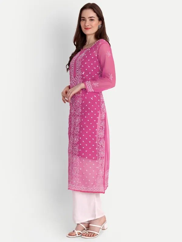 Fuchsia_Pink_Lucknow_Chikankari_Hand_Embroidered_Kurta_With_Matching_Slip_Georgette