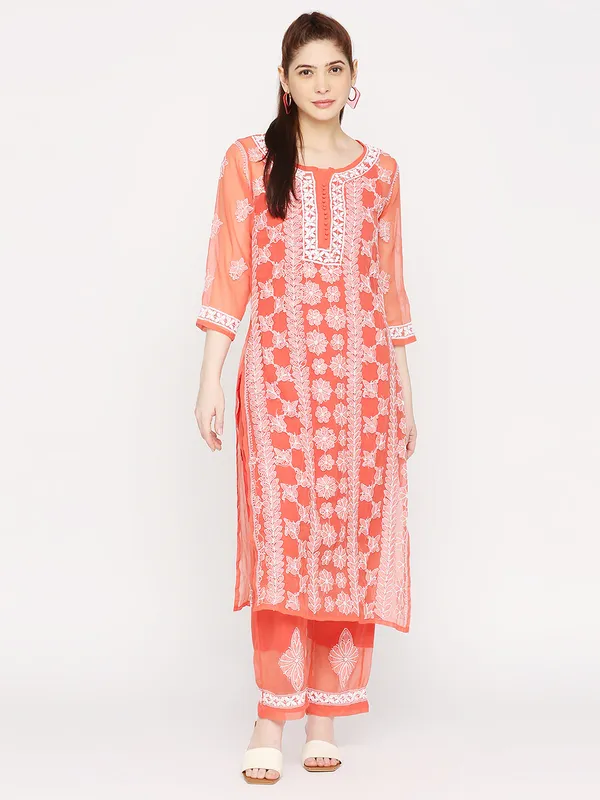 Ruby_Red_Lucknowi_Chikankari_Hand_Embroidered_Long_Kurti_Palazzo_Set_With_Matching_Inner_Georgette