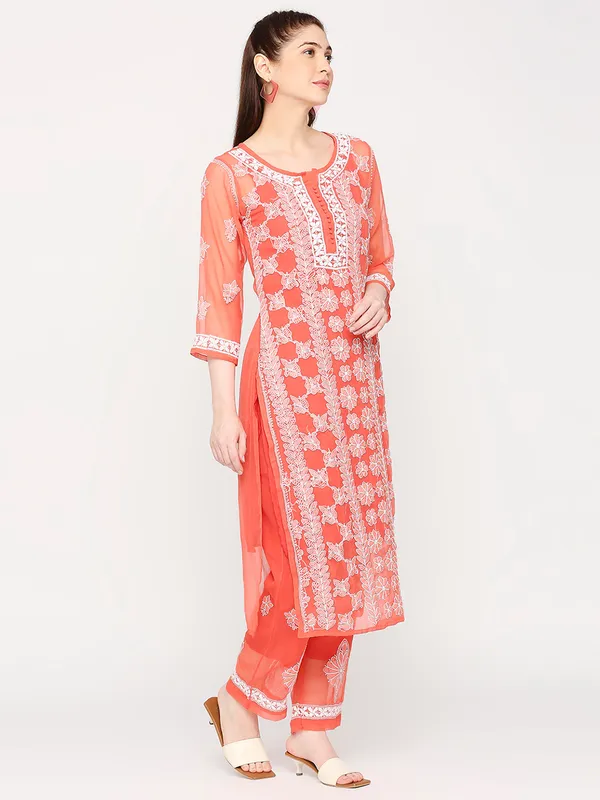 Ruby_Red_Lucknowi_Chikankari_Hand_Embroidered_Long_Kurti_Palazzo_Set_With_Matching_Inner_Georgette