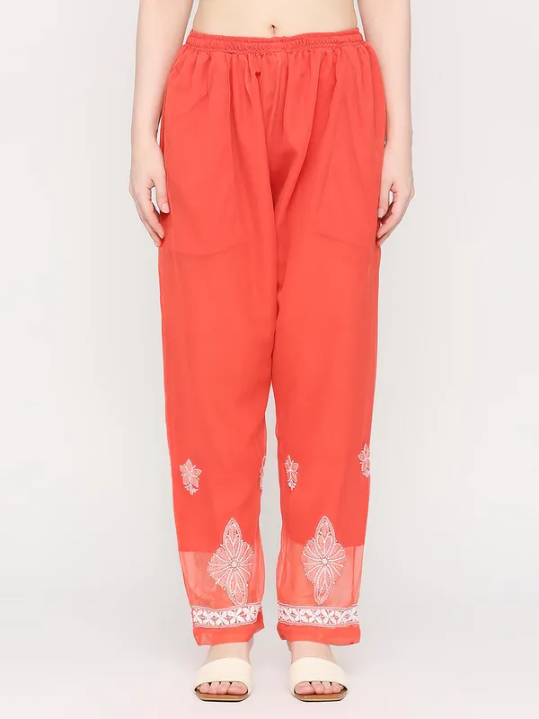 Ruby_Red_Lucknowi_Chikankari_Hand_Embroidered_Long_Kurti_Palazzo_Set_With_Matching_Inner_Georgette