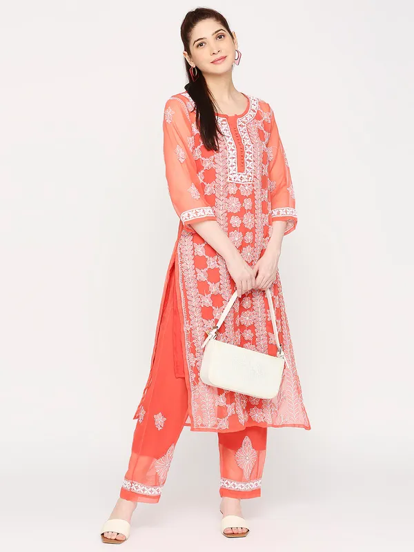 Ruby_Red_Lucknowi_Chikankari_Hand_Embroidered_Long_Kurti_Palazzo_Set_With_Matching_Inner_Georgette