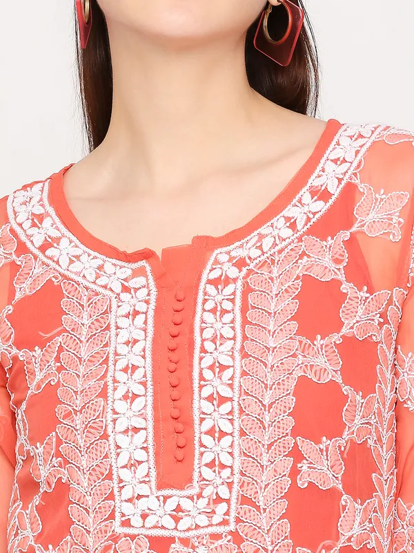 Ruby_Red_Lucknowi_Chikankari_Hand_Embroidered_Long_Kurti_Palazzo_Set_With_Matching_Inner_Georgette