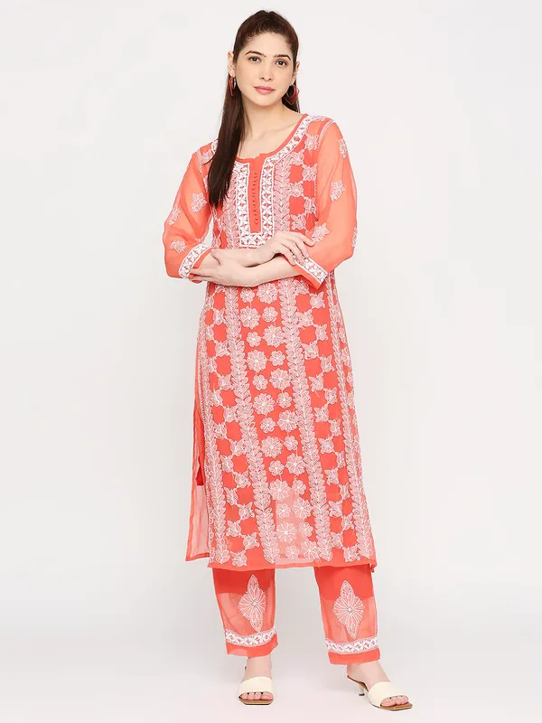 Ruby_Red_Lucknowi_Chikankari_Hand_Embroidered_Long_Kurti_Palazzo_Set_With_Matching_Inner_Georgette