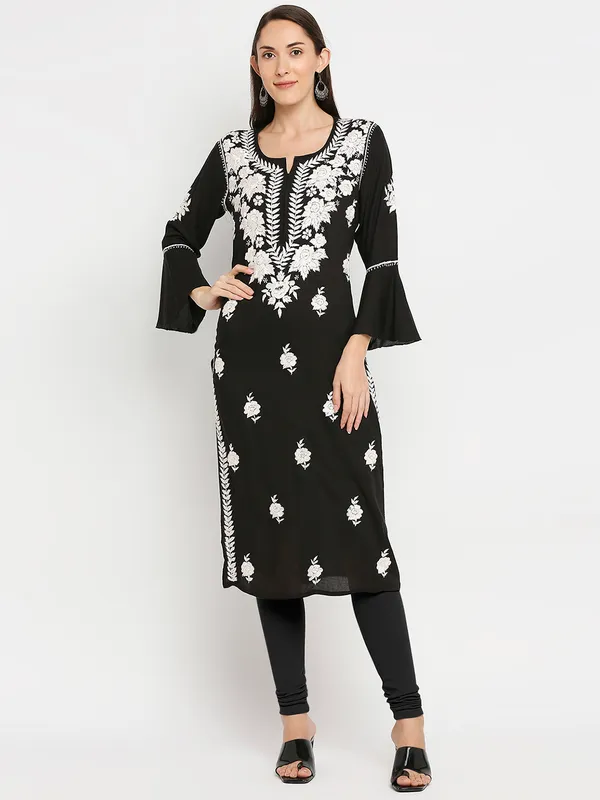 Charismatic_Black_Lucknow_Chikankari_modal_Cotton_Long_Kurti_Hand_Embroidered_Bell_Sleeve_Kurta_Cotton