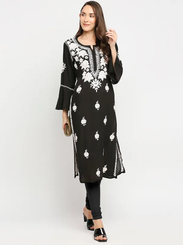 Charismatic_Black_Lucknow_Chikankari_modal_Cotton_Long_Kurti_Hand_Embroidered_Bell_Sleeve_Kurta_Cotton