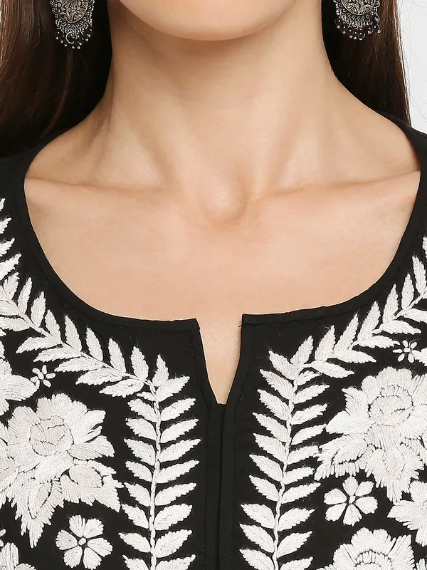 Charismatic_Black_Lucknow_Chikankari_modal_Cotton_Long_Kurti_Hand_Embroidered_Bell_Sleeve_Kurta_Cotton