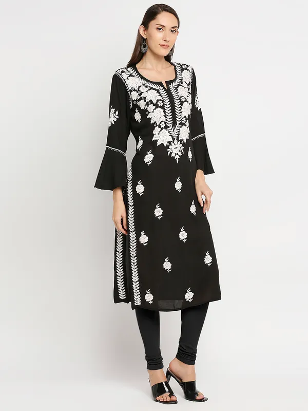 Charismatic_Black_Lucknow_Chikankari_modal_Cotton_Long_Kurti_Hand_Embroidered_Bell_Sleeve_Kurta_Cotton