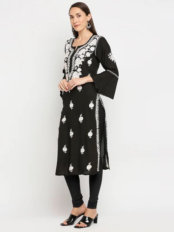 Charismatic_Black_Lucknow_Chikankari_modal_Cotton_Long_Kurti_Hand_Embroidered_Bell_Sleeve_Kurta_Cotton