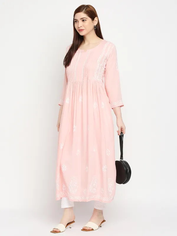 Peachpuff_Lucknow_Chikankari_Hand_Embroidered_Fit_&_Flare_Long_Kurti_Gown_Cotton