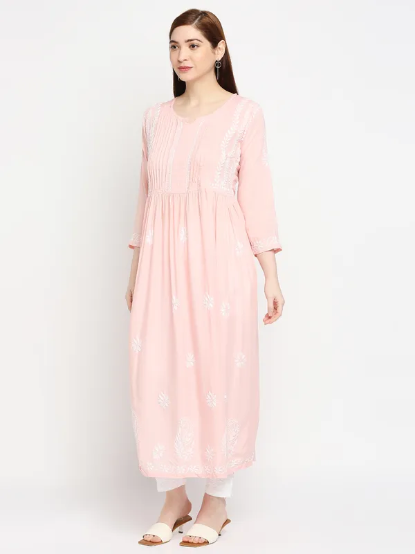 Peachpuff_Lucknow_Chikankari_Hand_Embroidered_Fit_&_Flare_Long_Kurti_Gown_Cotton