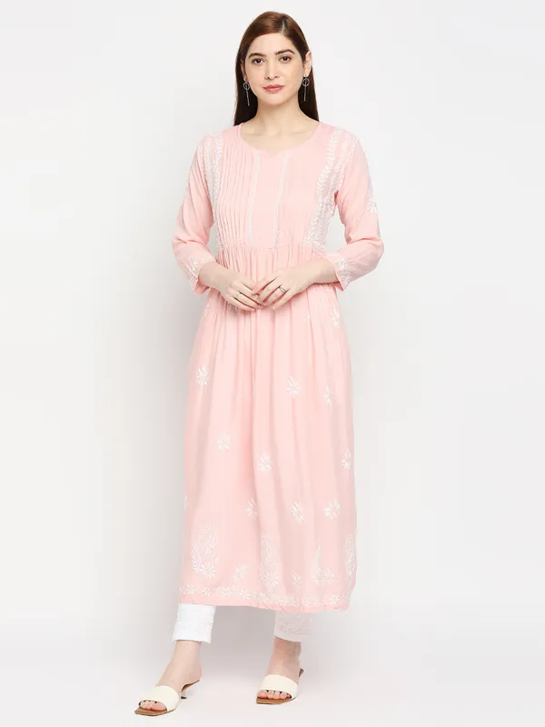 Peachpuff_Lucknow_Chikankari_Hand_Embroidered_Fit_&_Flare_Long_Kurti_Gown_Cotton