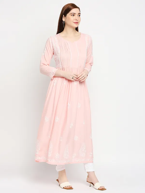 Peachpuff_Lucknow_Chikankari_Hand_Embroidered_Fit_&_Flare_Long_Kurti_Gown_Cotton