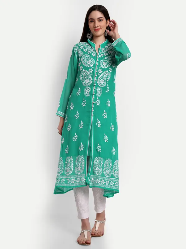 Turquoise_Lucknow_Chikankari_Hand_Embroidered_Long_Kurti_With_Matching_Inner/Slip_Georgette