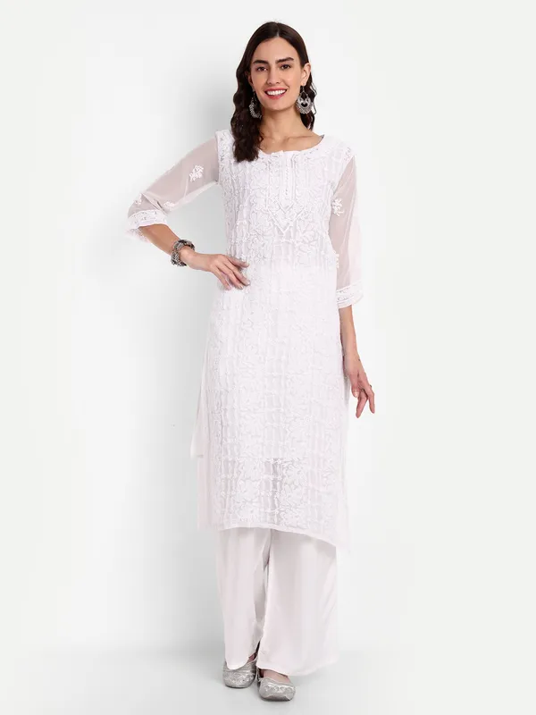 Pristine_White_Lucknow_Chikankari_Hand_Embroidered_Long_Kurta_With_Matching_Slip_Georgette