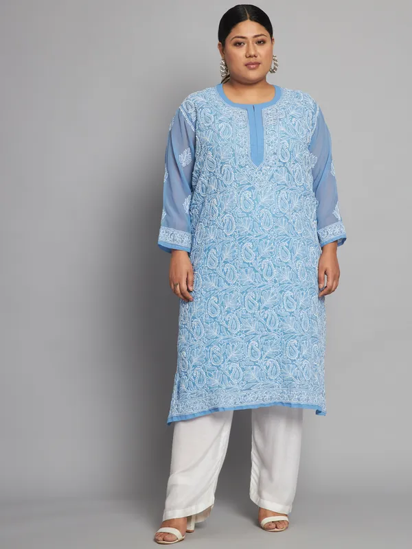 Sky_Blue_Lucknow_Chikankari_Hand_Embroidered_Plus_Size_Long_Kurti_With_Matching_Inner_Georgette
