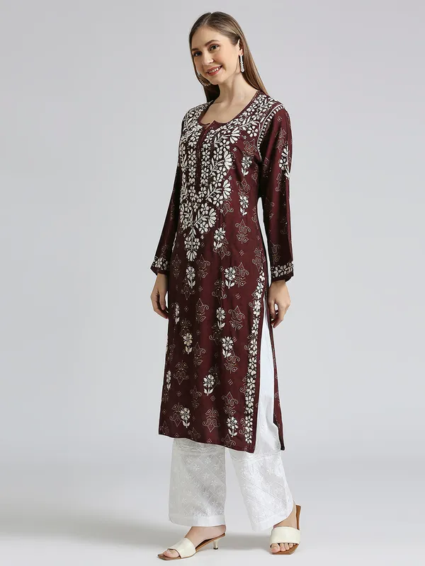 Chocolate_Lucknow_Chikankari_Hand_Embroidered_Kurta_Muslin