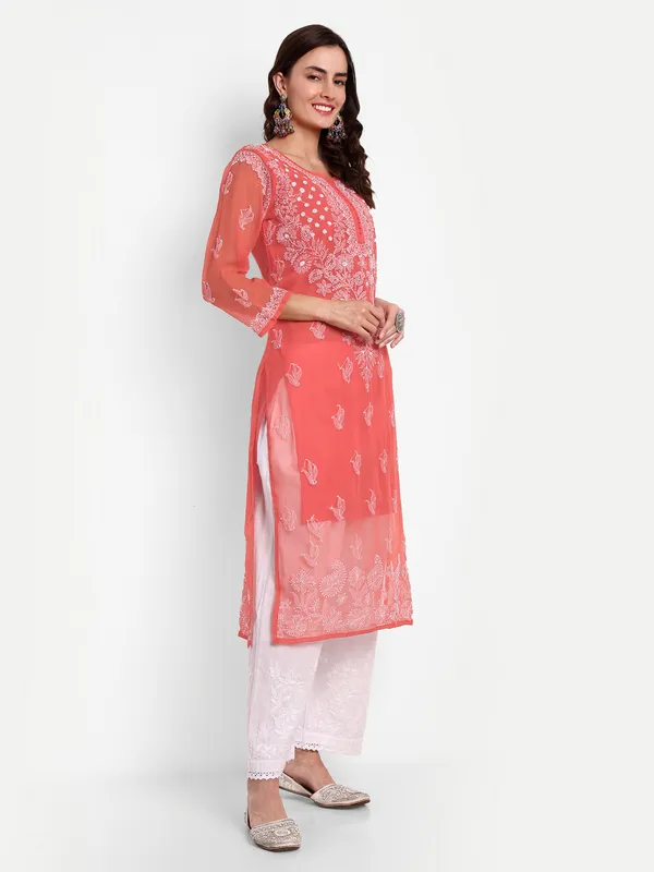 Ruby_Red_Lucknow_Chikankari_Hand_Embroidered_Georgette_Kurta_With_Matching_Slip/Inner_Women_Georgette