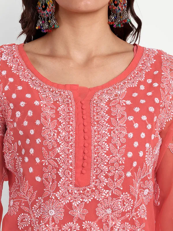Ruby_Red_Lucknow_Chikankari_Hand_Embroidered_Georgette_Kurta_With_Matching_Slip/Inner_Women_Georgette