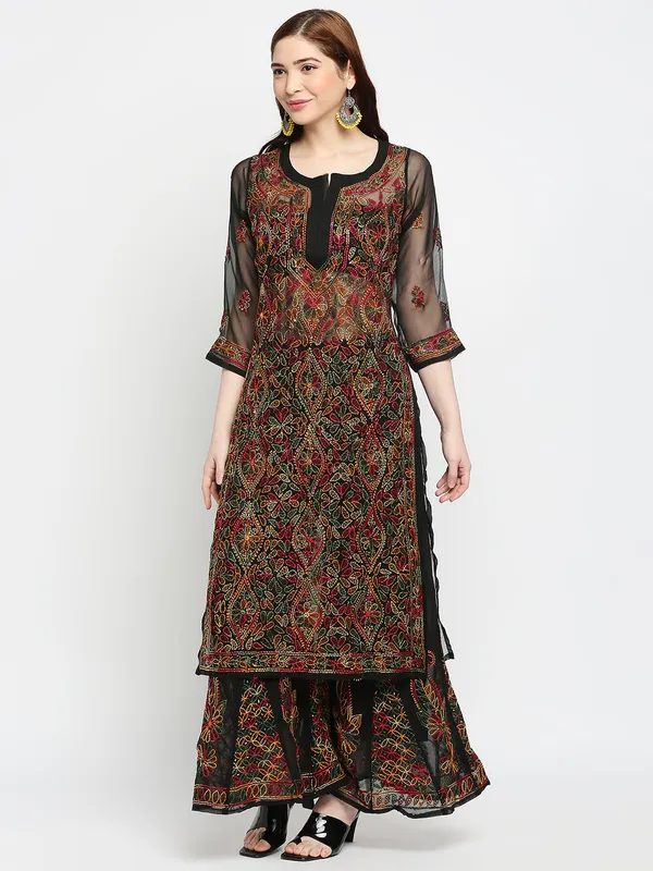 Charismatic_Black_Lucknow_Chikankari_Hand_Embroidered_Kurta_And_Palazzo_Sets_Georgette