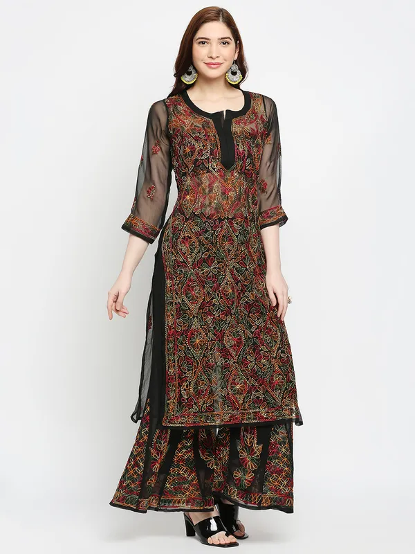 Charismatic_Black_Lucknow_Chikankari_Hand_Embroidered_Kurta_And_Palazzo_Sets_Georgette