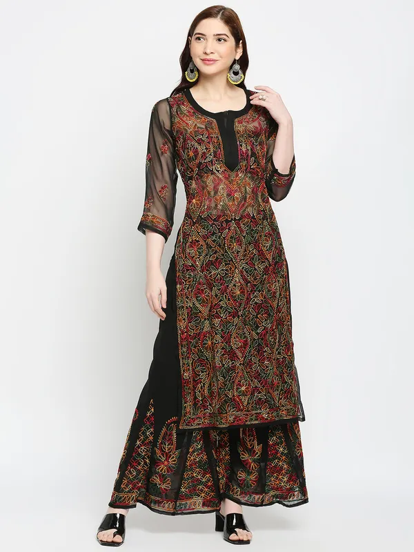 Charismatic_Black_Lucknow_Chikankari_Hand_Embroidered_Kurta_And_Palazzo_Sets_Georgette