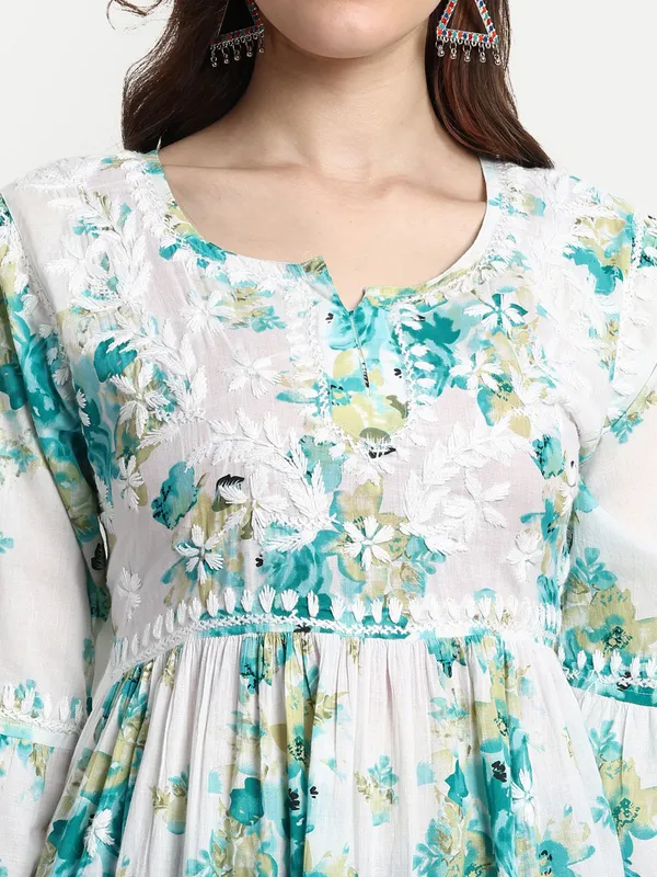 Lucknow_Chikankari_Hand_Embroidered_Tiered_Kurti_Malmal_Cotton