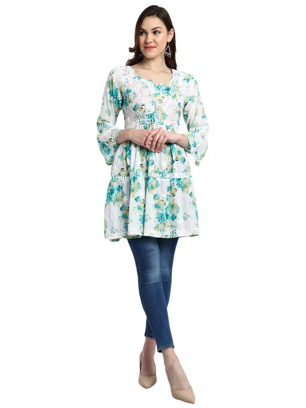 Lucknow_Chikankari_Hand_Embroidered_Tiered_Kurti_Malmal_Cotton