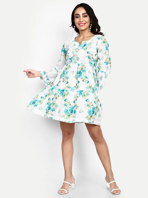 Lucknow_Chikankari_Hand_Embroidered_Tiered_Kurti_Malmal_Cotton